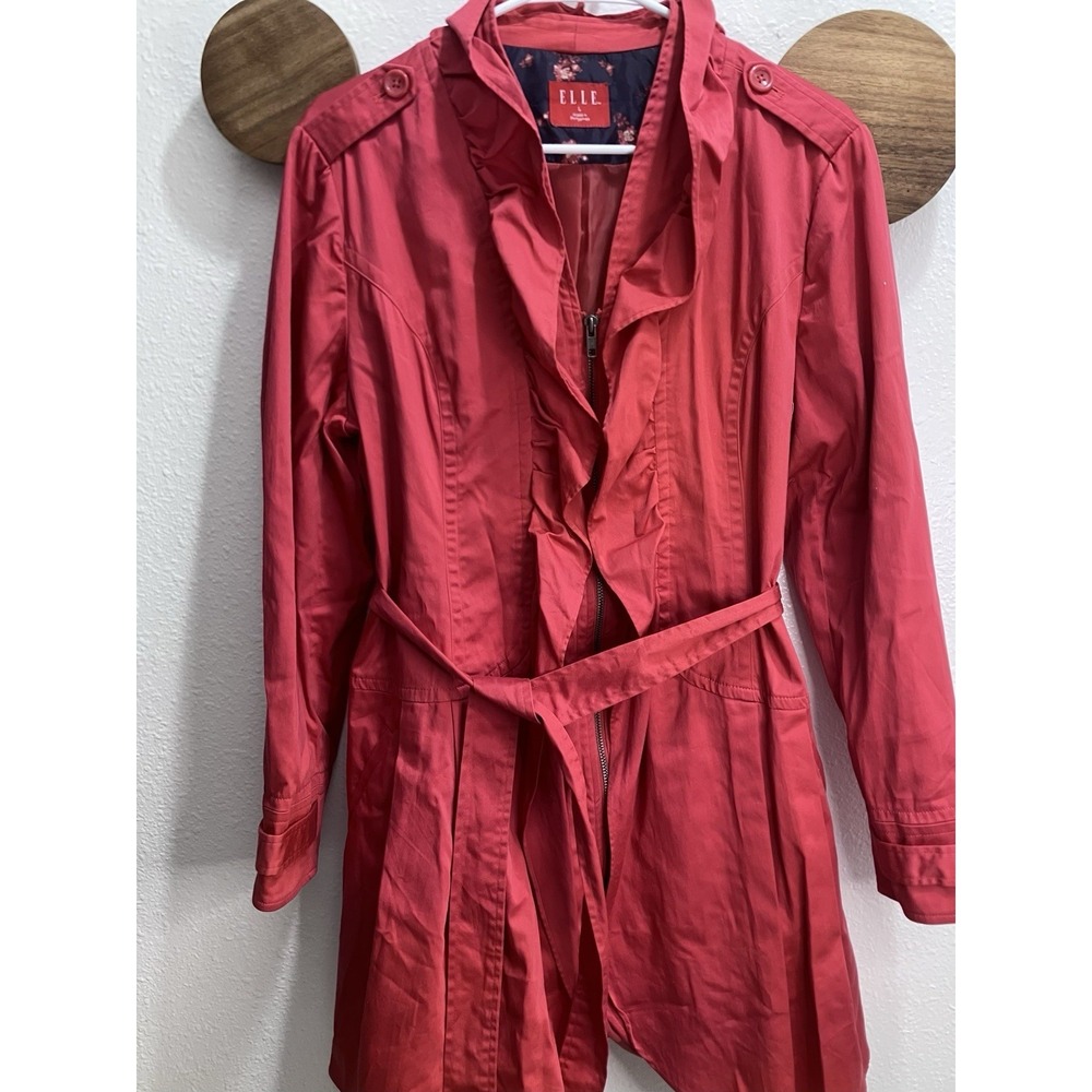 ELLE Red Ruffle Cotton Blend Front‎ Zippered Belted Trench Coat Women's Large